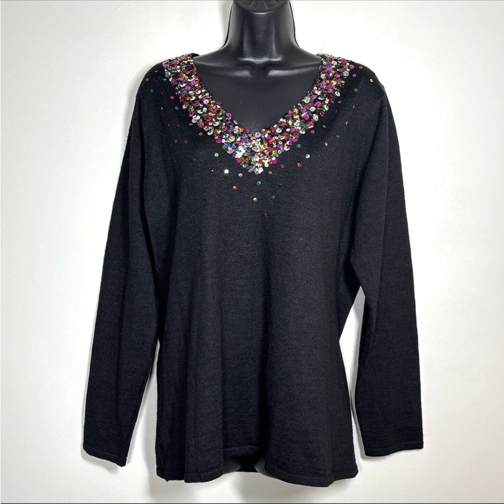 Victoria Jones L Sweater Sequin V neck lightweight
black ramie acrylic blend
